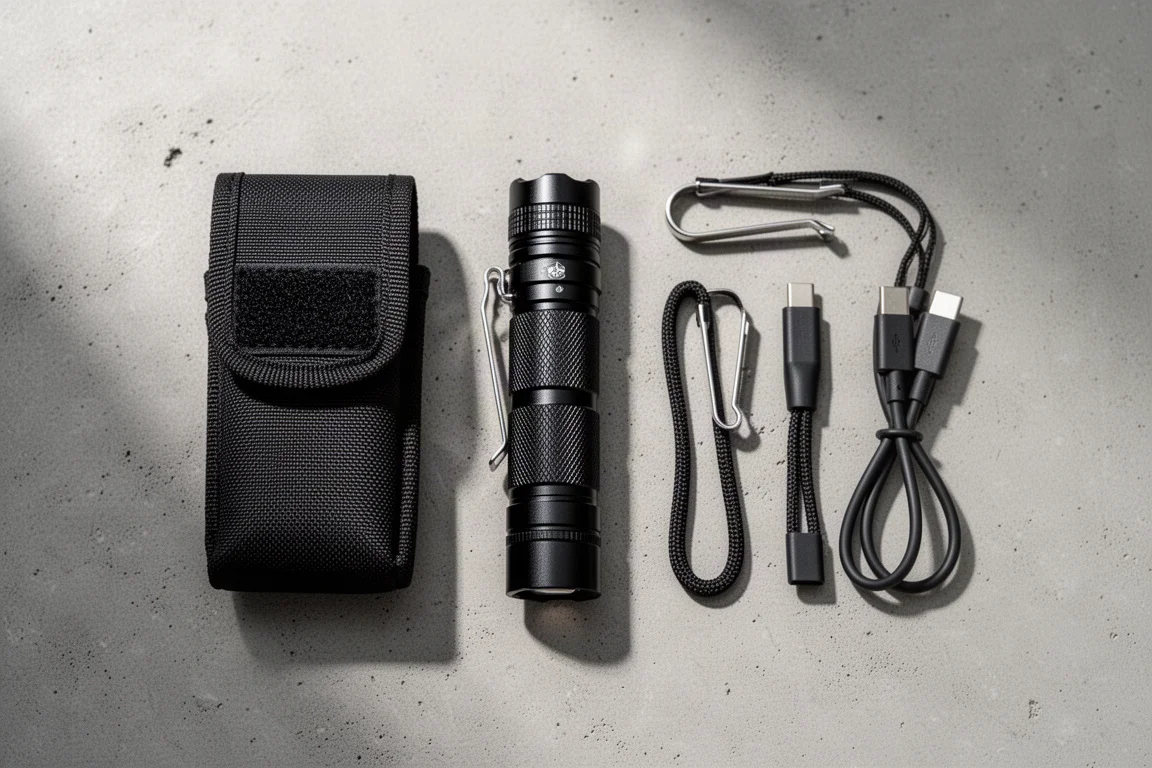 Linterna compacta de aluminio negro sobre un escritorio junto a su funda de nailon y clip de bolsillo