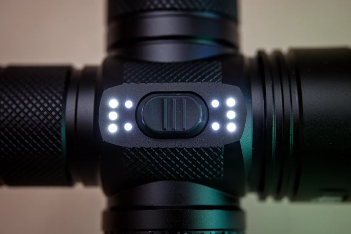 Lateral de una linterna mostrando cuatro pequeños indicadores LED verdes de batería encendidos