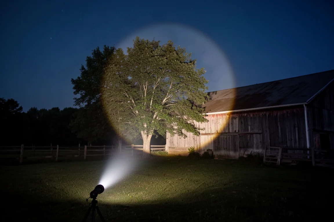 Haz amplio de una linterna iluminando un gran árbol y un patio por la noche