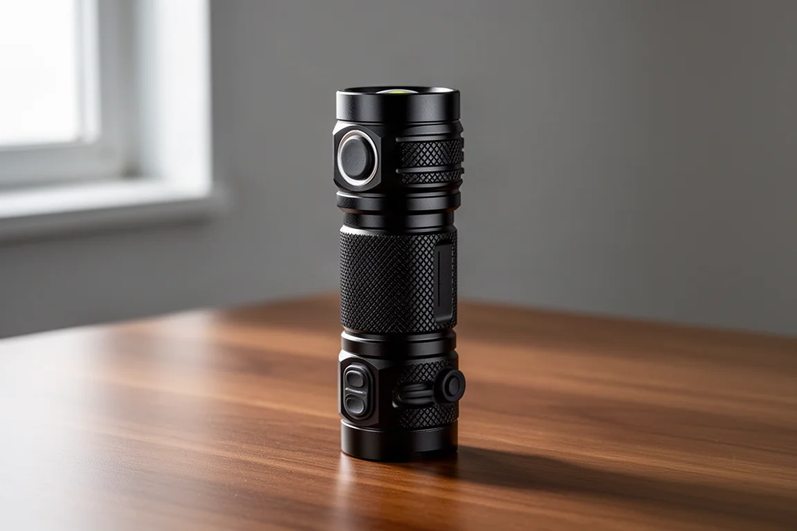 Nitecore MH12 Pro flashlight standing upright on a wood desk