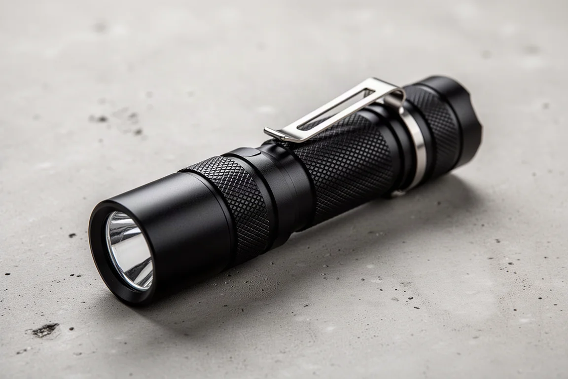 Matzwarte aluminium zaklamp met zakclip liggend op een betonnen ondergrond