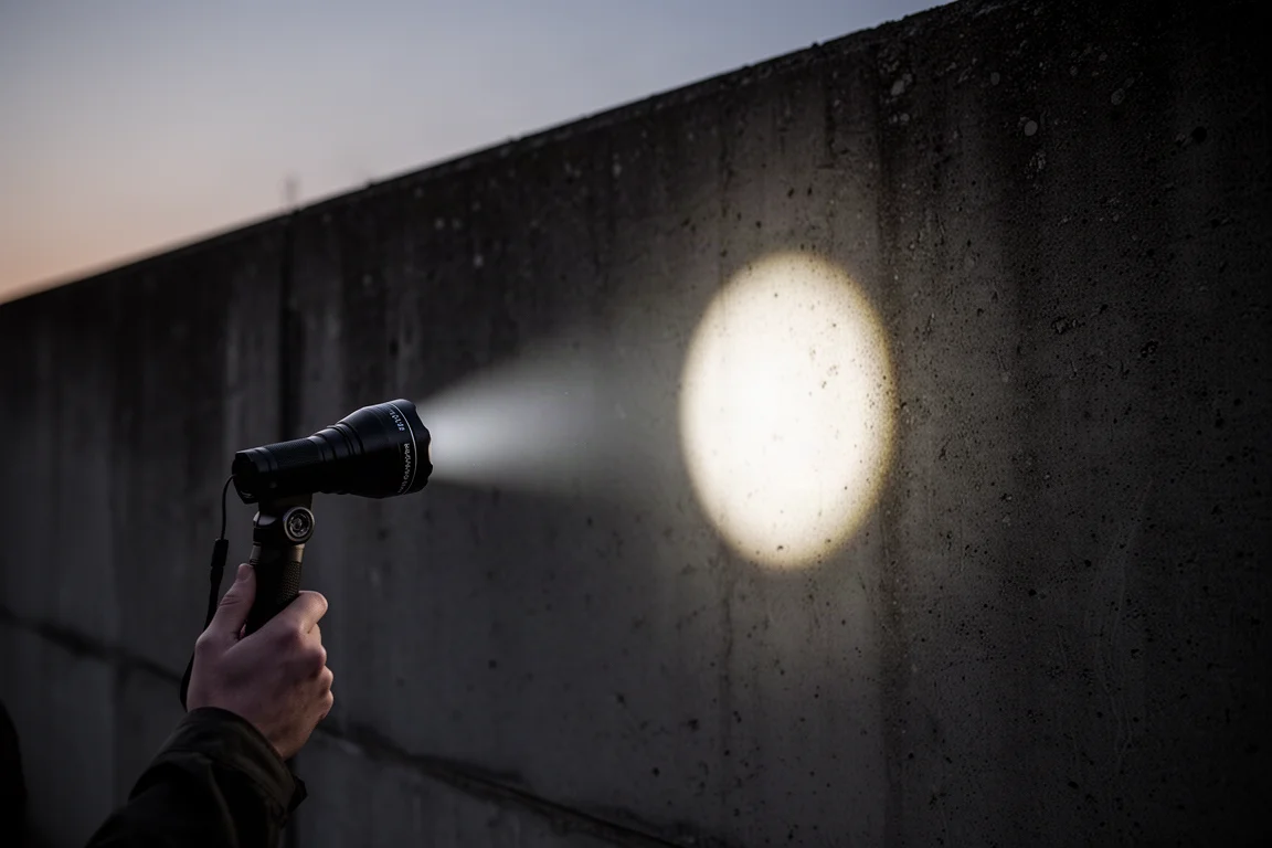 Lichtbundel van de zaklamp verlicht een donker oppervlak bij nacht