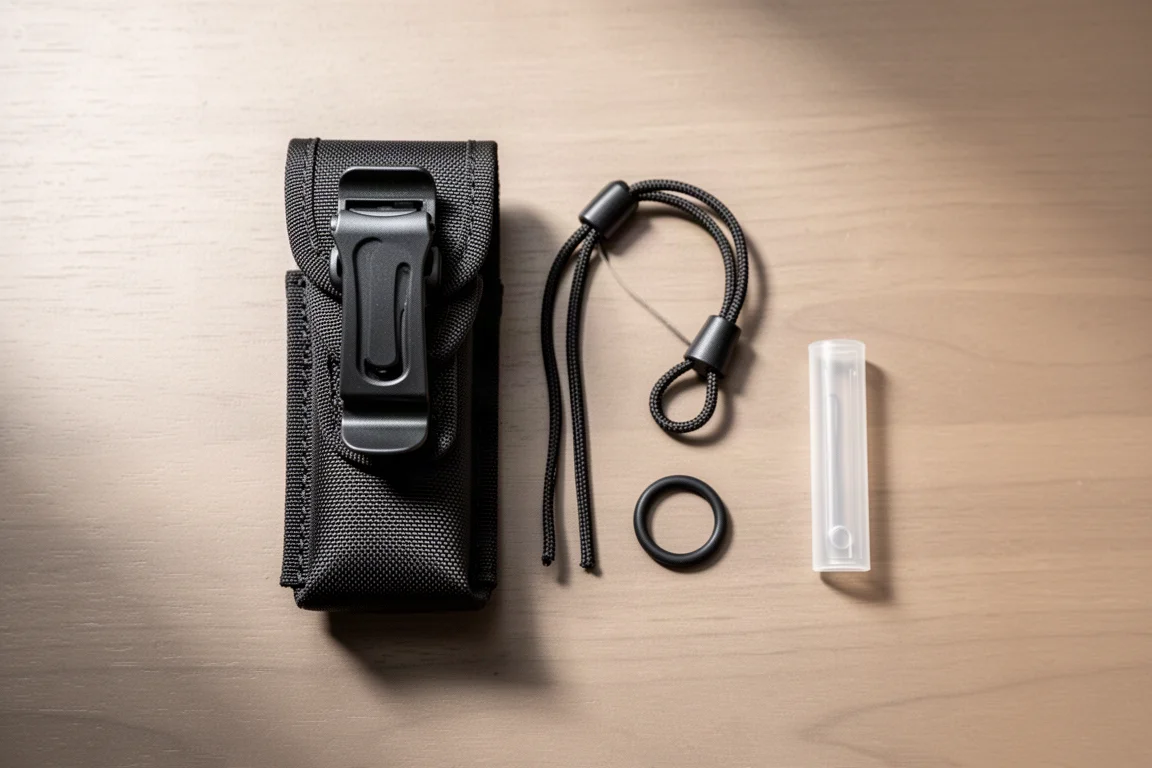 Open nylon holster voor zaklamp met koord en reserve O-ring op een bureau