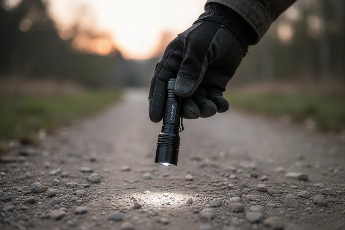 Hand houdt een compacte zaklamp vast in een avondlijke buitenomgeving