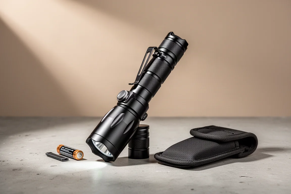 Nitecore MH12S tactical flashlight with sheath and battery sleeve on concrete
