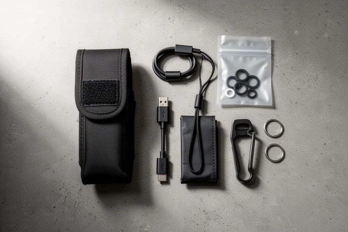 Linterna desempaquetada con funda de nailon, cable de carga, clip de bolsillo y juntas tóricas de repuesto sobre una mesa