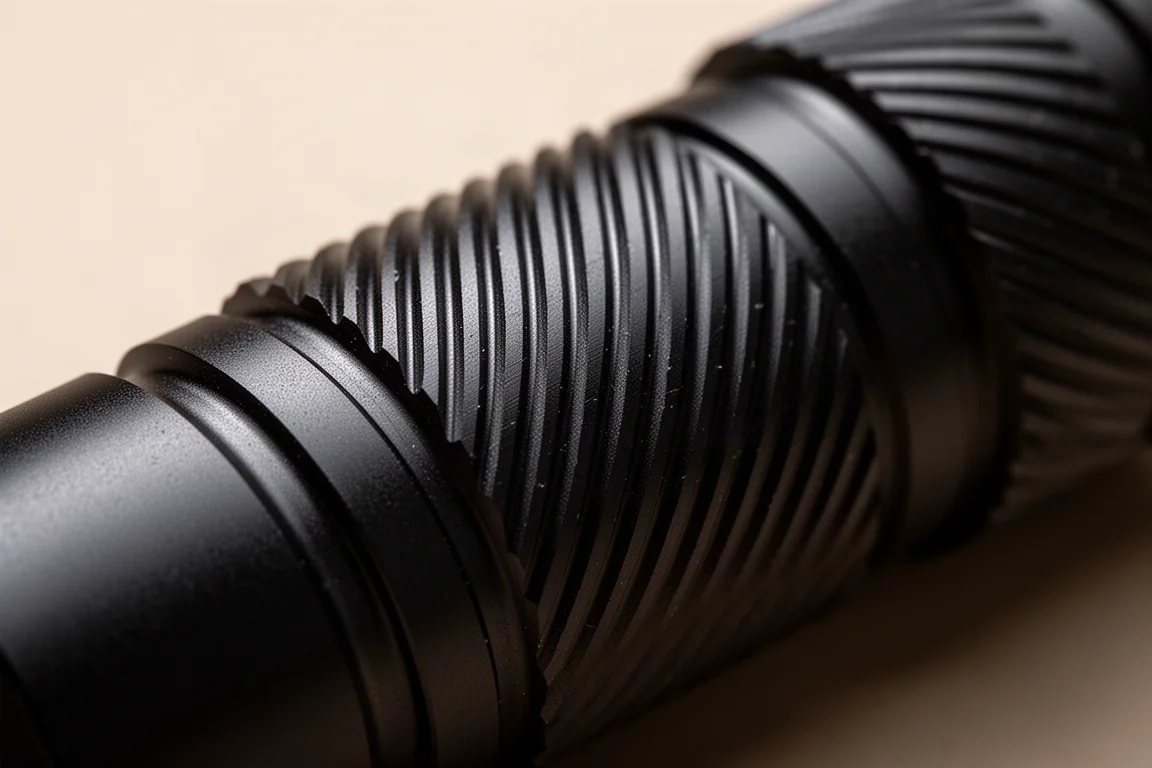 Primer plano del moleteado en espiral profundo de un cuerpo de linterna de aluminio negro