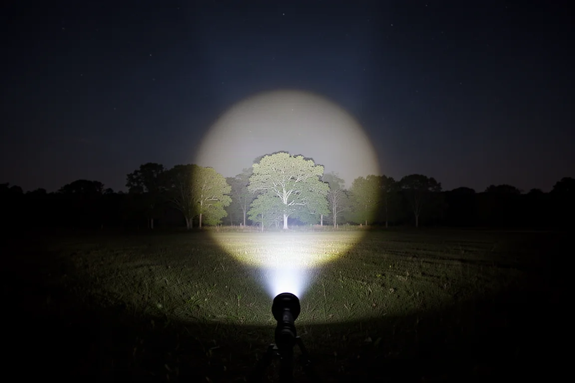 Haz luminoso de la linterna atravesando un campo abierto oscuro de noche