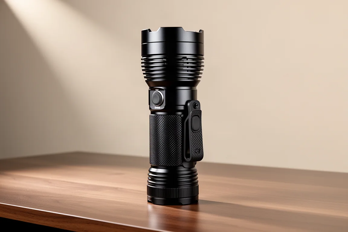 Nitecore MH25 Pro flashlight standing upright on a wood desk with knurled black body