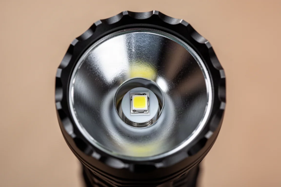 Närbild på en ficklampa-huvud med en liten LED djupt inne i en stor slät reflektor