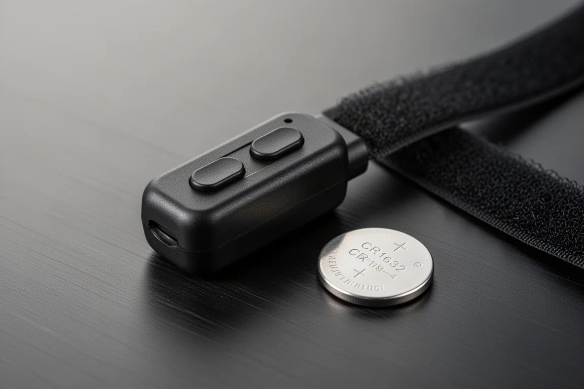 Trådlös fjärrtryckbrytare monterad nära en ficklampa-avtryckare med ett knapcellsbatteri intill