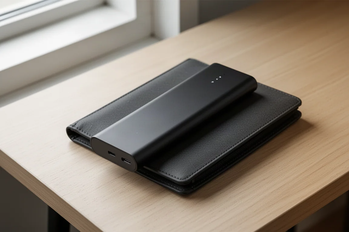 Eine schlanke Powerbank, die auf einem minimalistischen Reiseportemonnaie liegt