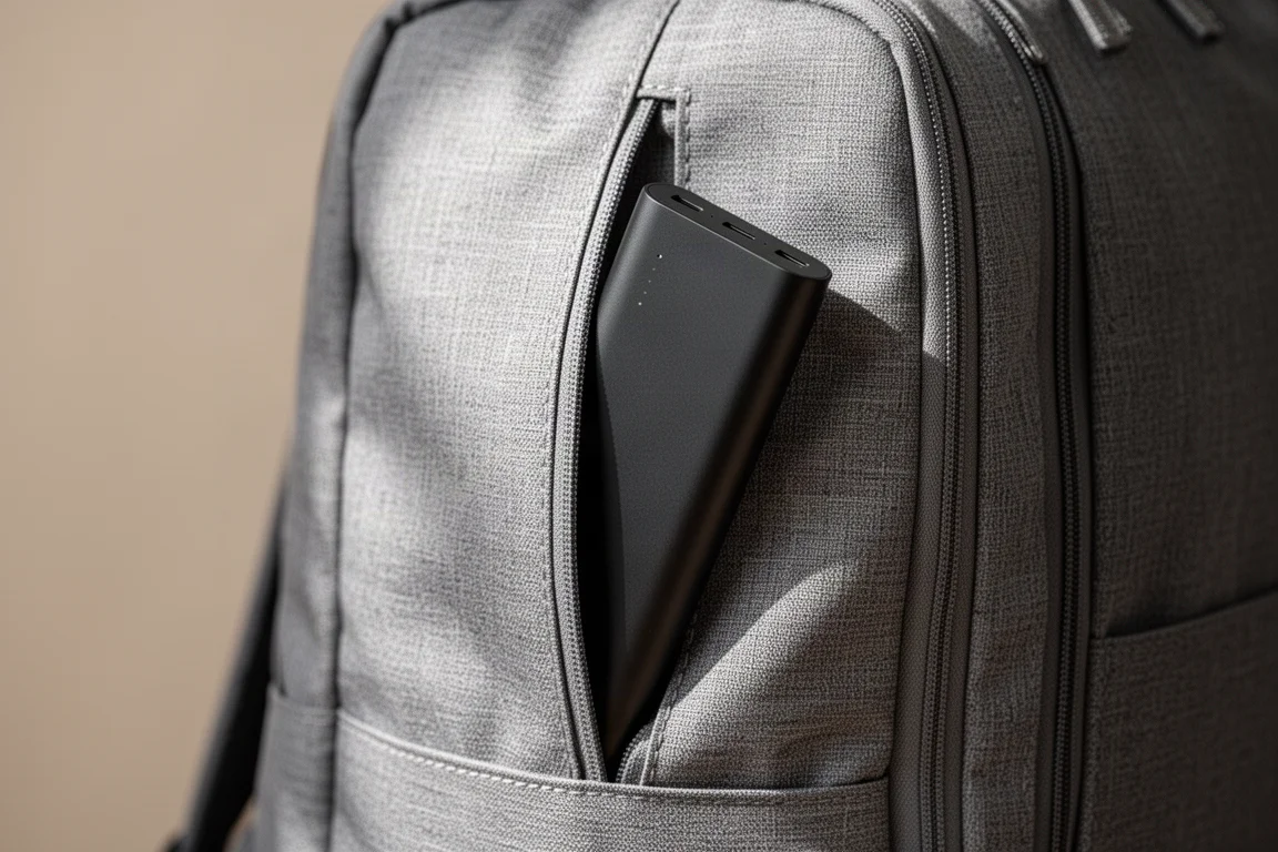 Powerbank gleitet in eine kleine Trennfach-Tasche eines Reisetaschenrucksacks