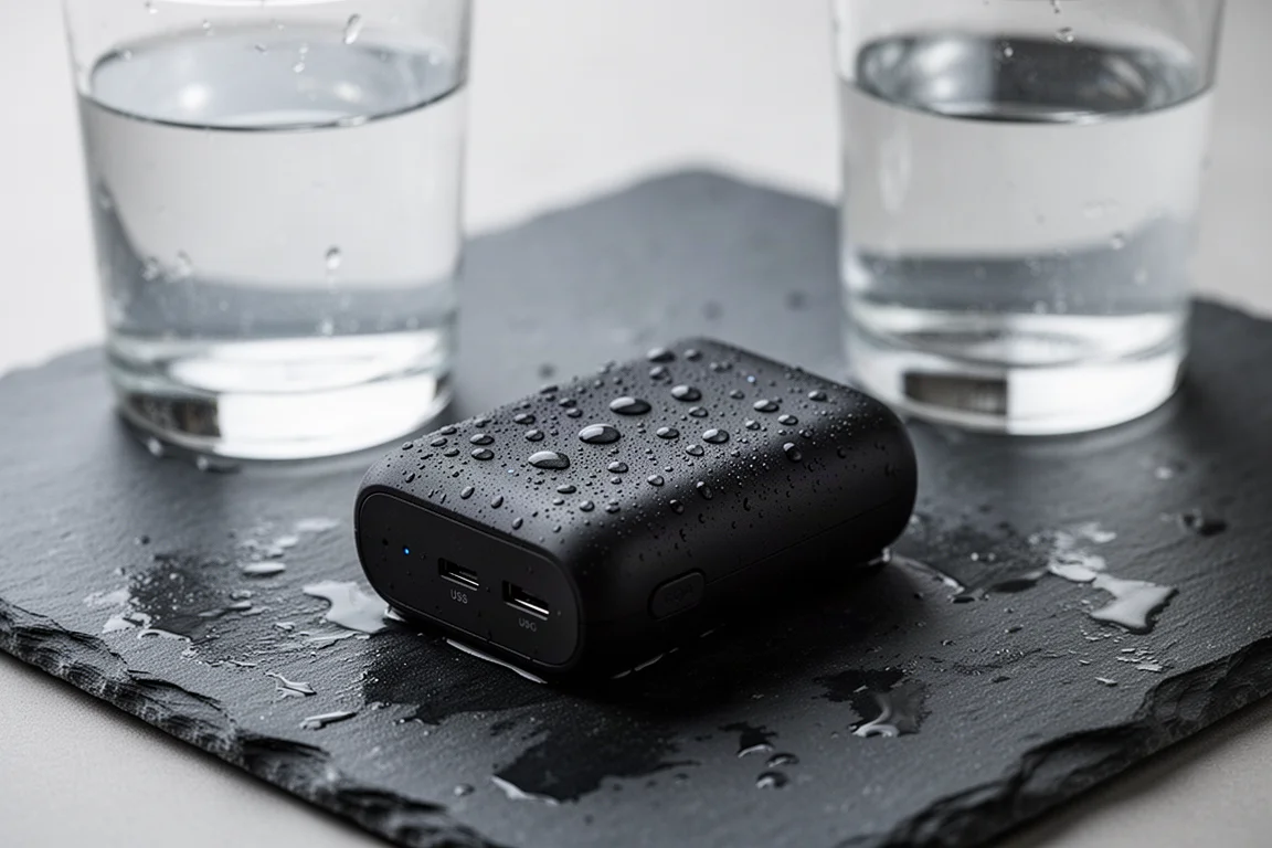 Wassertropfen perlen auf einer kompakten Powerbank neben einem Wasserglas ab