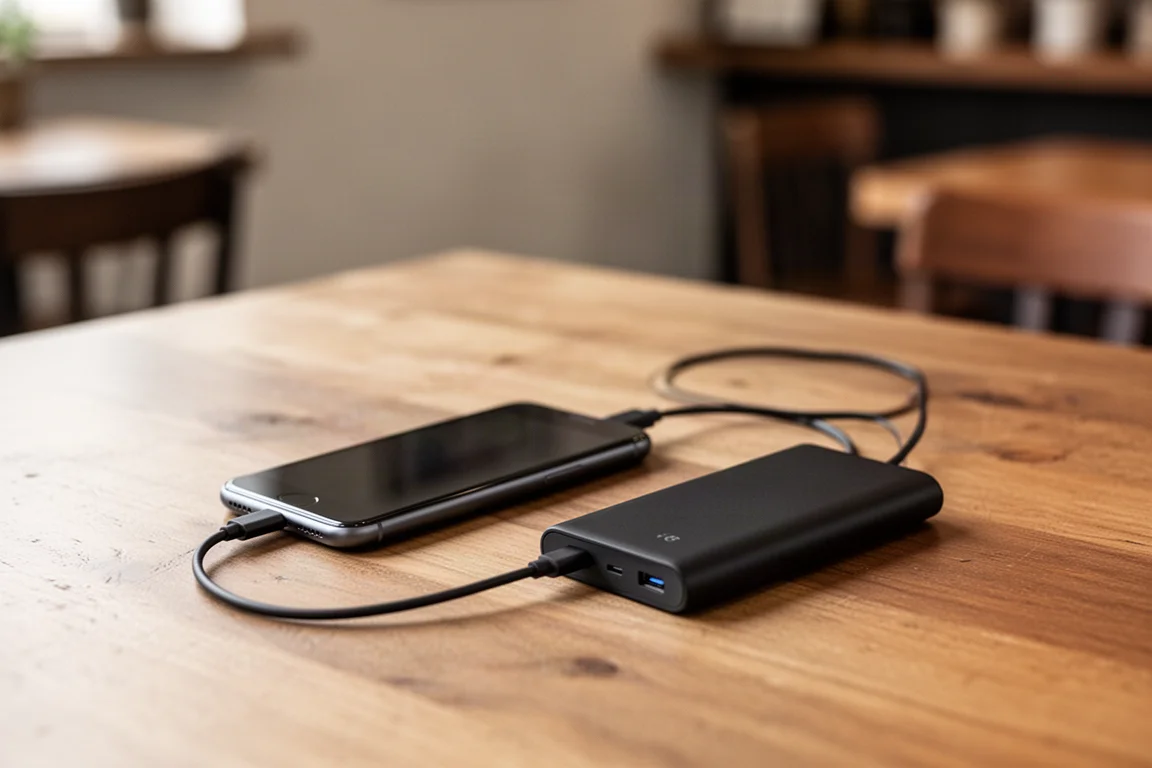Reisender lädt ein Telefon über eine kleine Powerbank an einem Café-Tisch