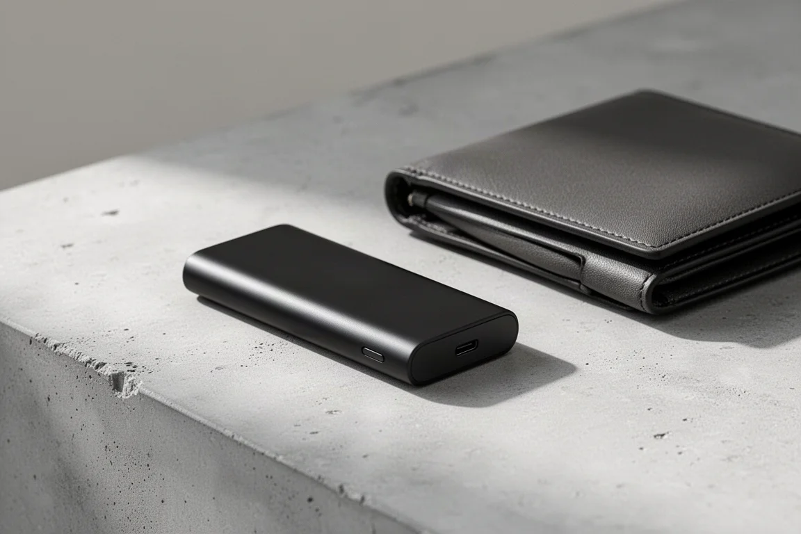 Slim matte black power bank next to a minimalist travel wallet on concrete surface