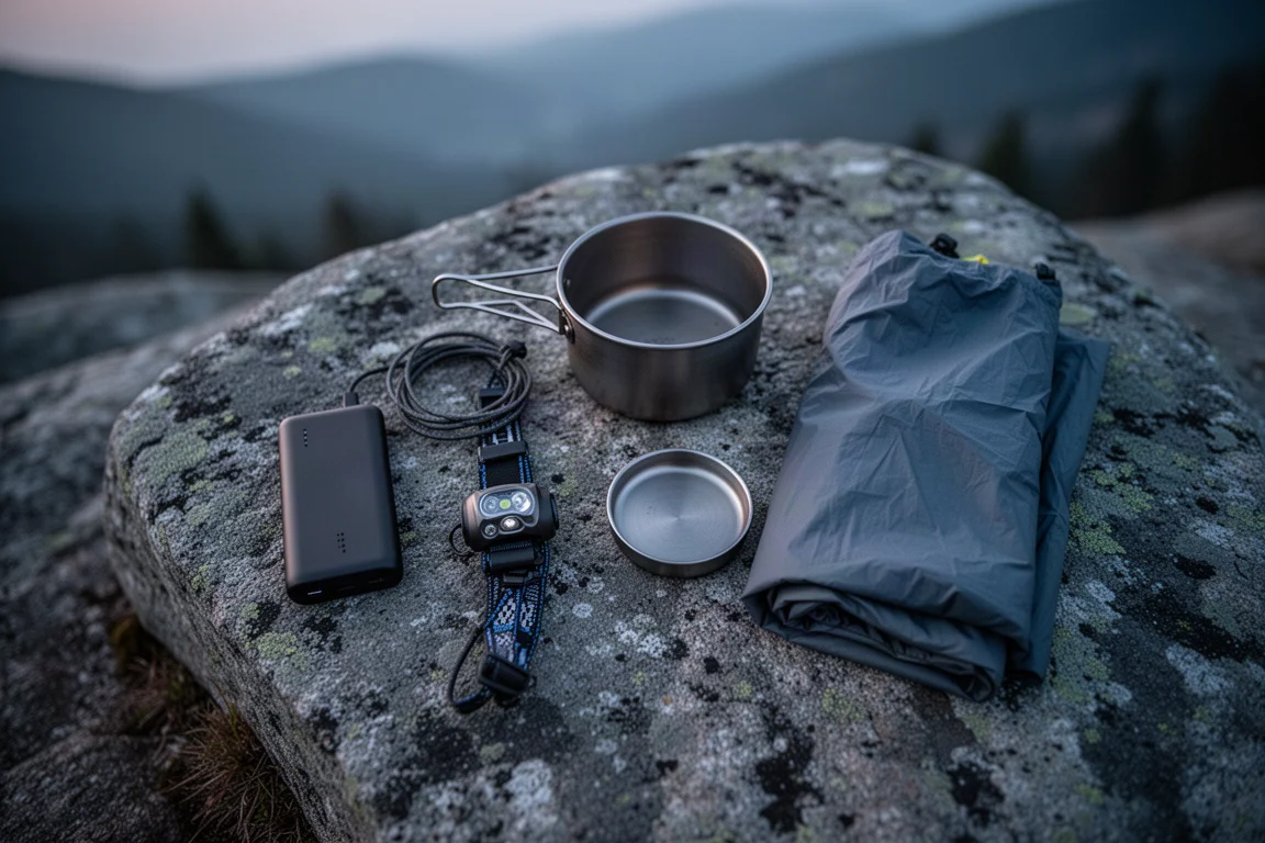 Arranjo plano de equipamento ultralight de mochilão com um power bank fino e cabo sobre granito cinza