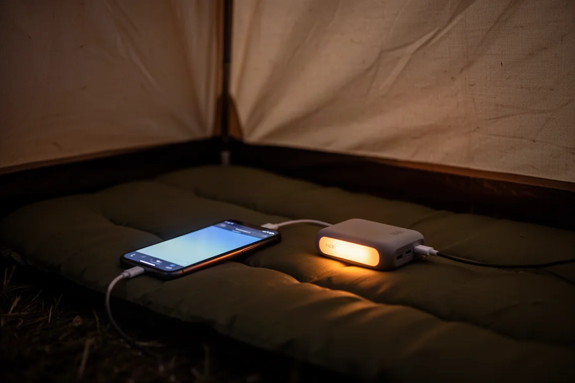 Close-up de portas USB-C brilhando em um power bank dentro de uma barraca escura à noite