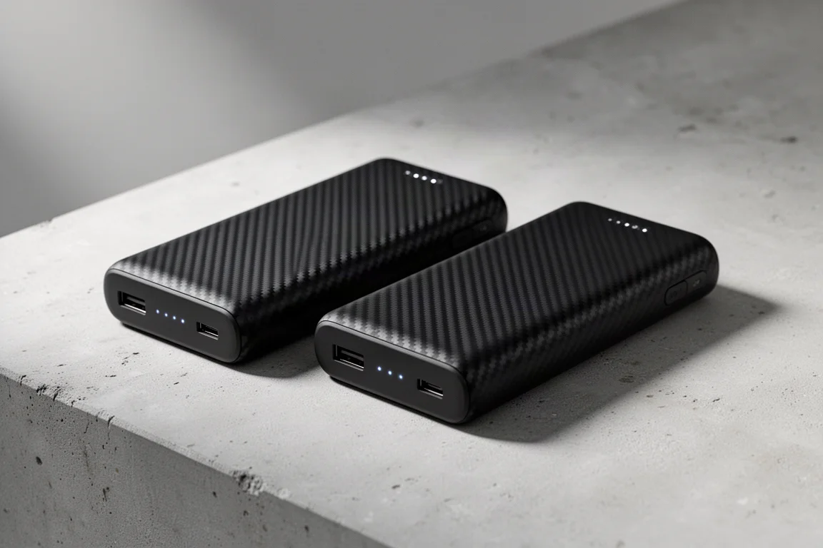 淡いコンクリート面に並んだ2台のスリムなカーボンファイバー製モバイルバッテリー