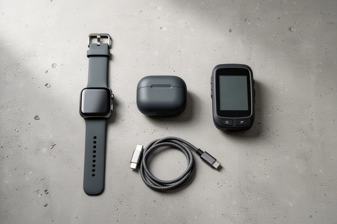Smartwatch, etui na słuchawki i urządzenie GPS ułożone na stole wraz z kablami ładującymi