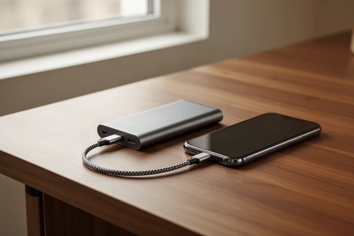 Power bank połączony ze smartfonem krótkim kablem USB-C na biurku