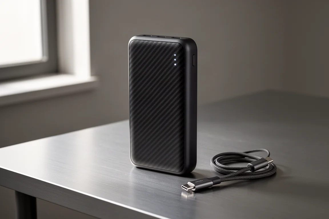 Slim power bank with carbon fiber panel and USB-C lanyard cable on a desk