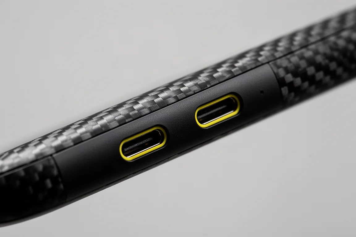 Gros plan sur la texture en fibre de carbone tissée et les ports USB à anneaux jaunes d'une batterie externe