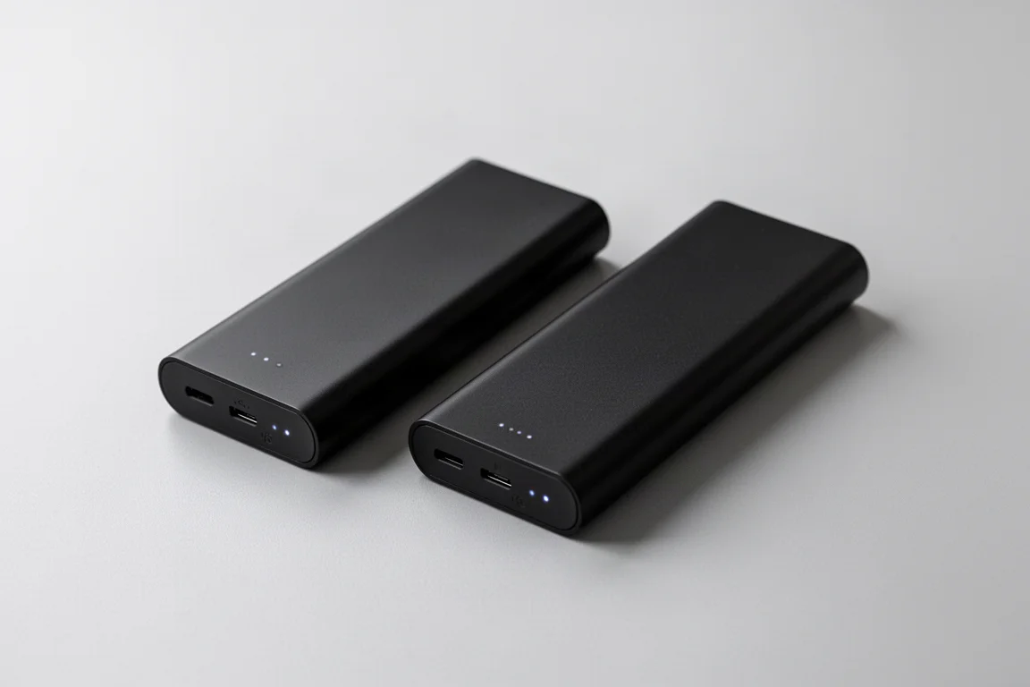 Deux batteries externes fines presque identiques côte à côte sur une surface neutre