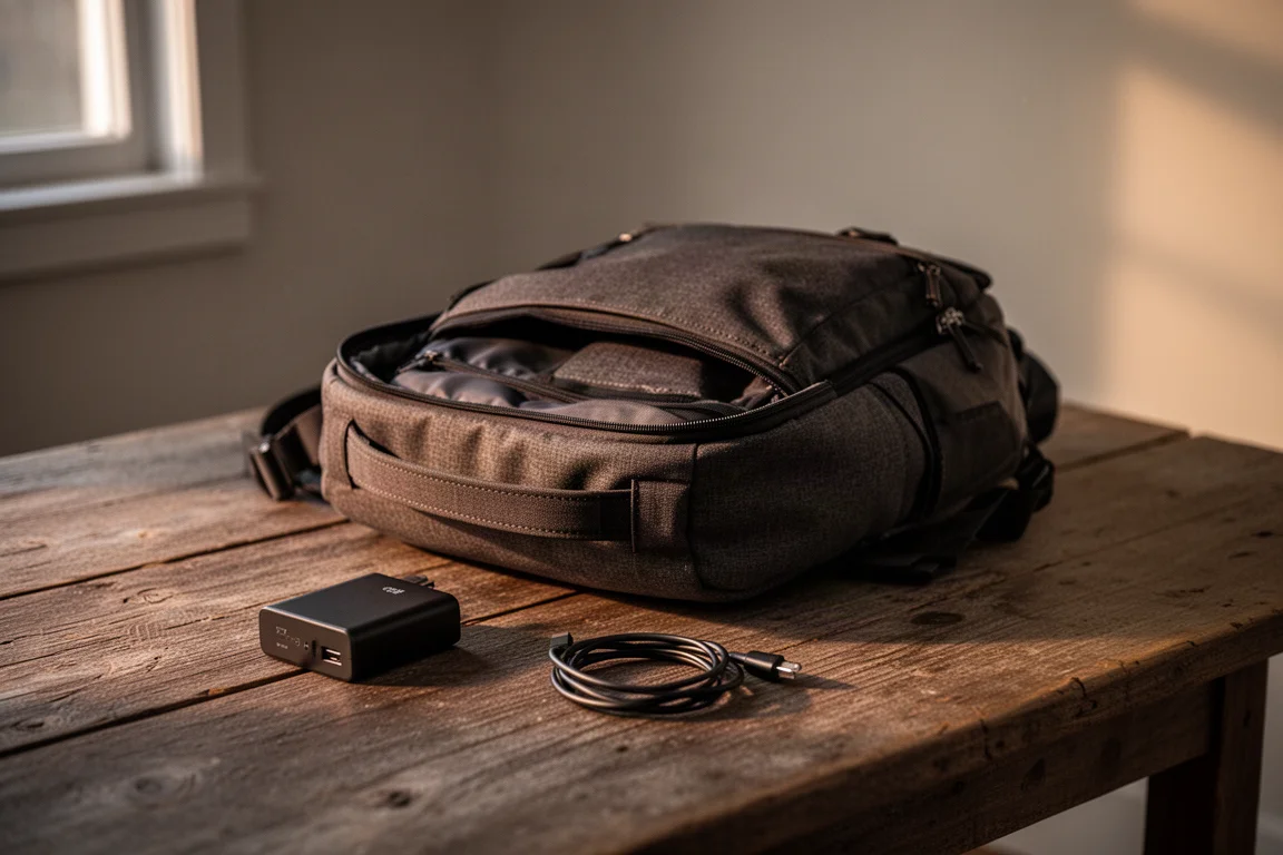 Sac de voyage sur une table en bois avec des câbles et une petite batterie externe au crépuscule