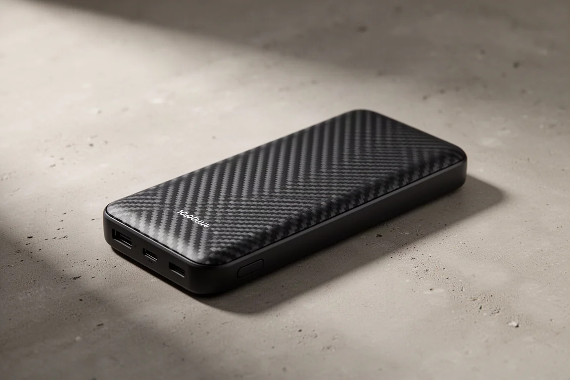 Slim carbon fiber 10,000 mAh power bank on a matte concrete surface in soft studio light