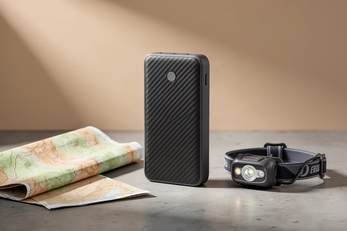 Slim carbon fiber 10,000 mAh power bank on concrete beside a folded map and headlamp