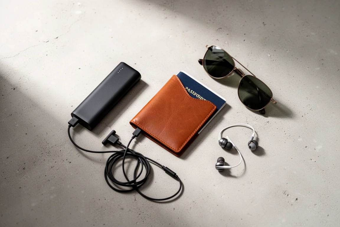 Överblick av researtiklar plattlagda med en liten powerbank bland dem