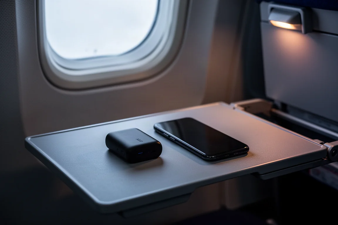 Powerbank och smartphone på ett flygplansbord i svagt hyttljus