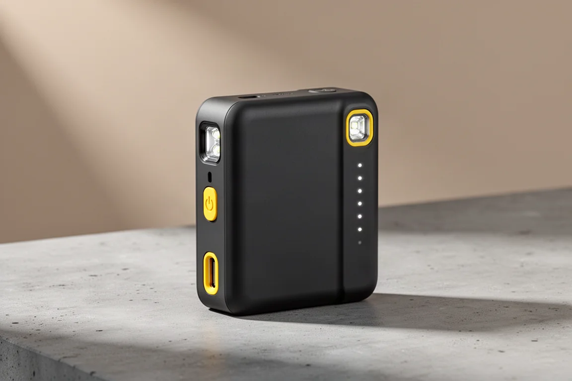 Compact matte black Nitecore NC10000 power bank with yellow switch on concrete surface