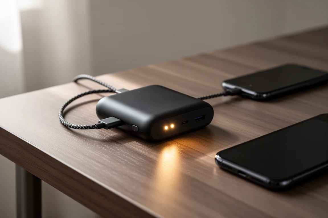 Close-up of a power bank edge with four indicator lights glowing beside a USB-C port