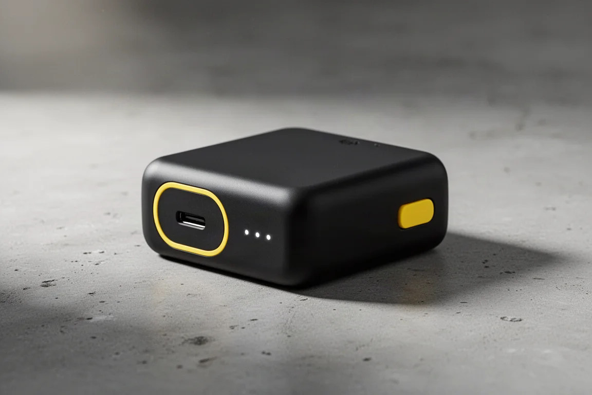 Compact matte black power bank with a yellow accent ring on a concrete surface