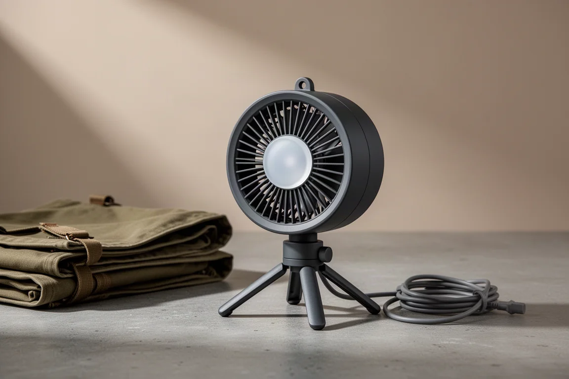 Compact camping fan on a small tripod beside a folded tent on a concrete surface