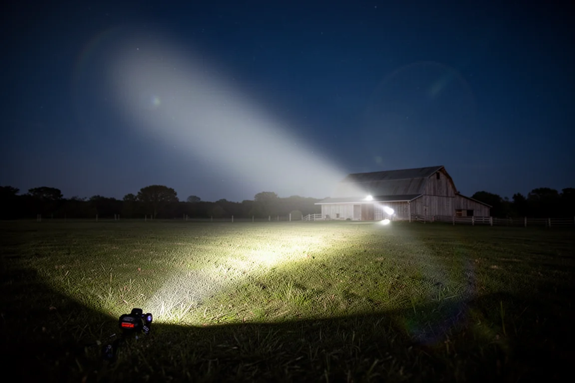 Snop światła z czołówki oświetlający szeroki obszar otwartego terenu nocą