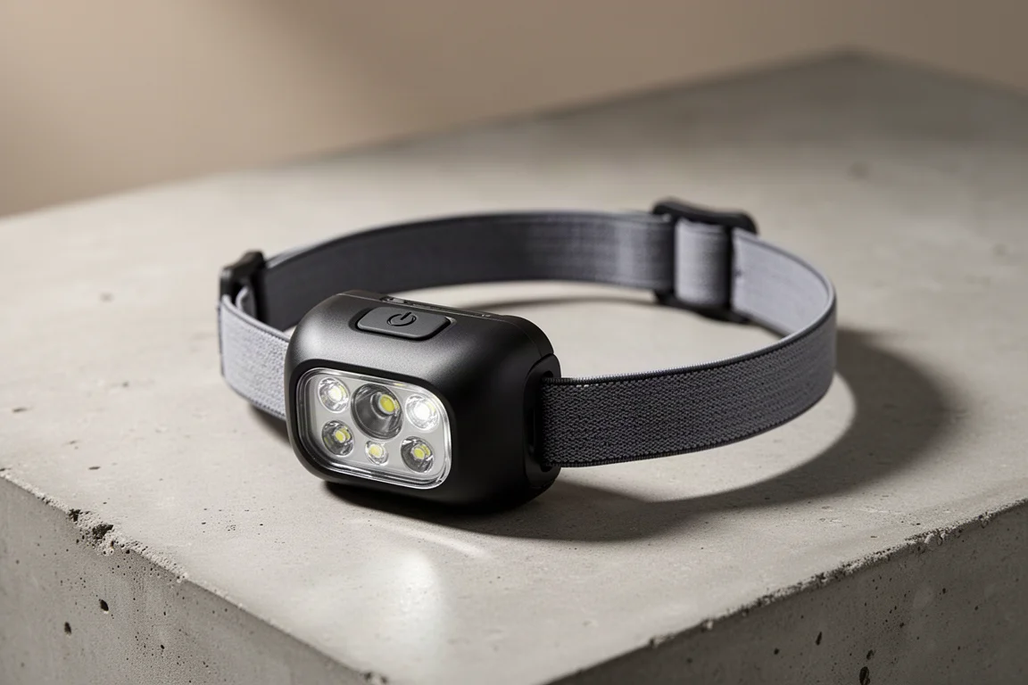 Faro Nitecore NU27 con fascia elastica su una superficie in cemento