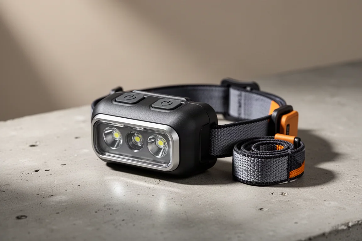 Compact dark grey headlamp with three LED emitters resting on a slate surface beside its headband