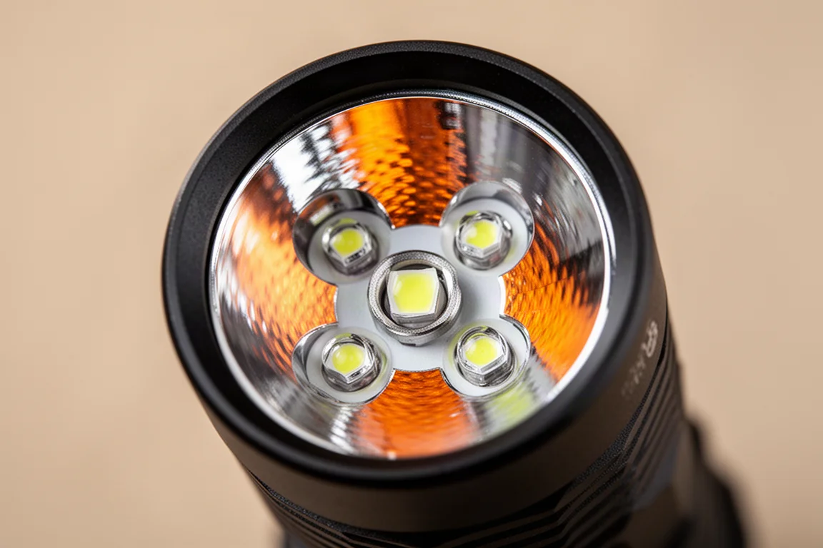 Torcia tattica con quattro core LED visibili all'interno di una testa riflettore profonda