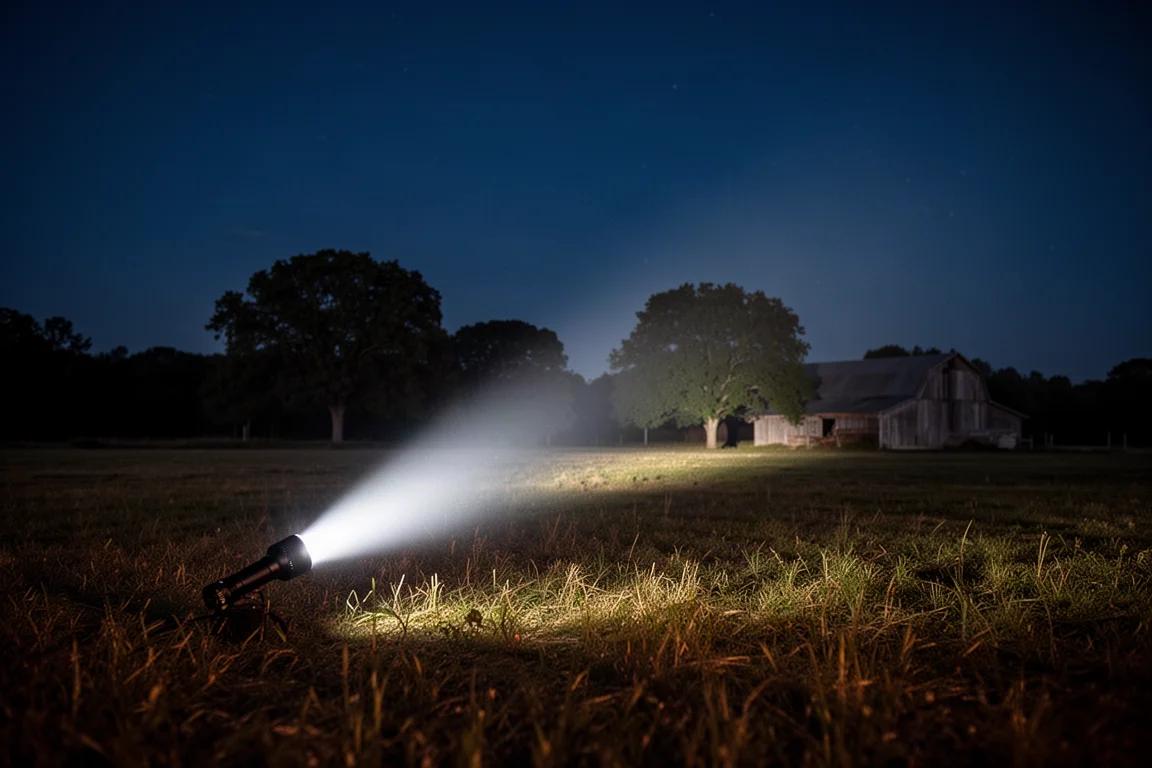Potente fascio di una torcia che taglia il buio attraverso un campo aperto di notte