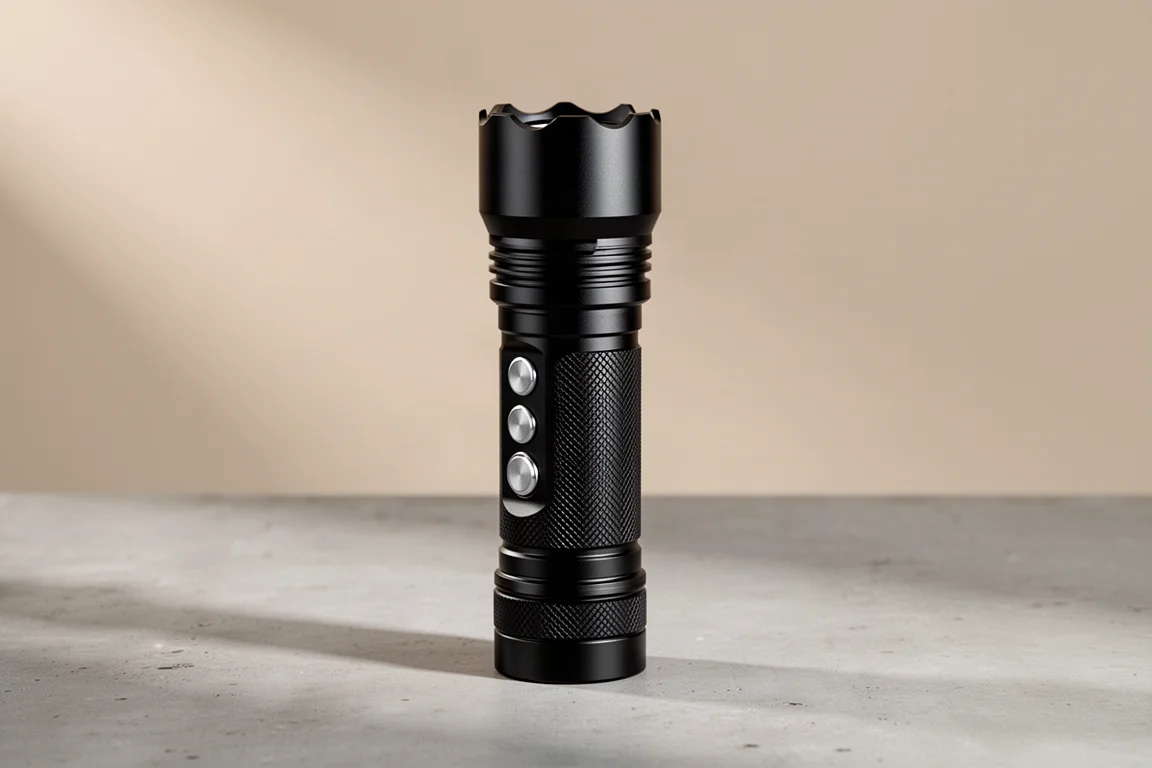 Torcia tattica Nitecore P17iX in piedi su una superficie di cemento