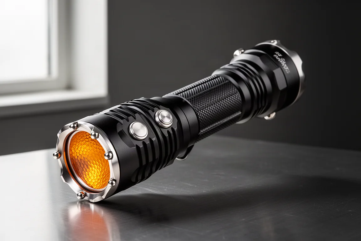 Torcia tattica Nitecore P27iX in piedi a tre quarti su una superficie in acciaio spazzolato