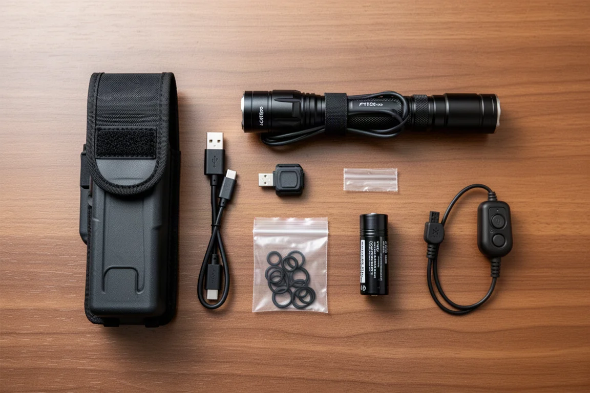 Ficklampa i en formgjuten nylonholster bredvid en USB-laddningskabel och fjärrtryckbrytare