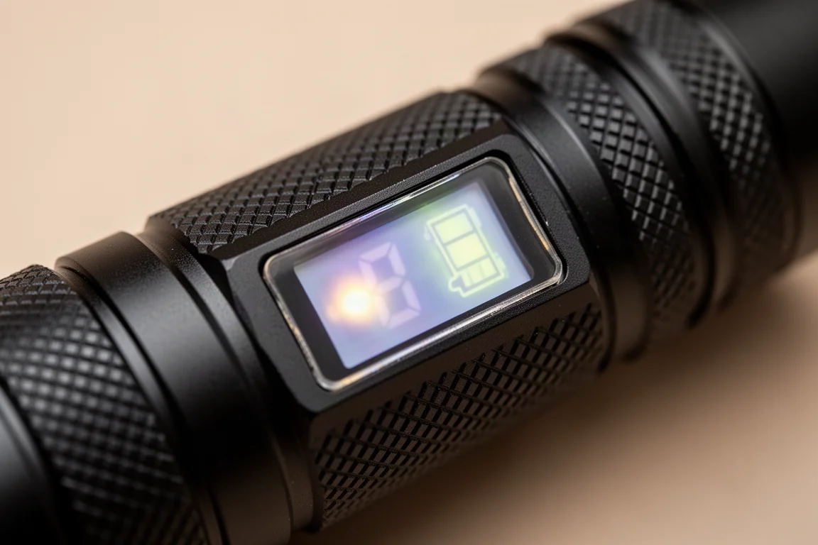 OLED-display på ficklampans kropp som visar batteri- och ljusnivåuppgifter