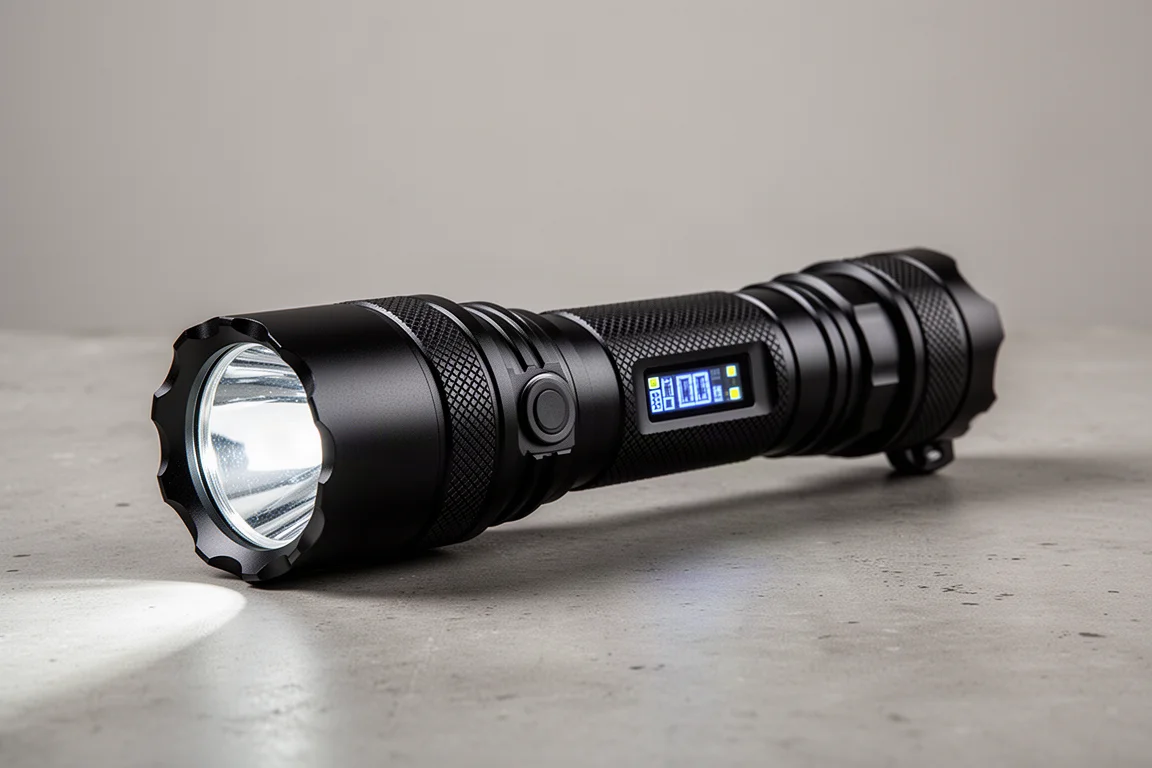 Torcia a doppio fascio Nitecore P35i appoggiata su una superficie di cemento