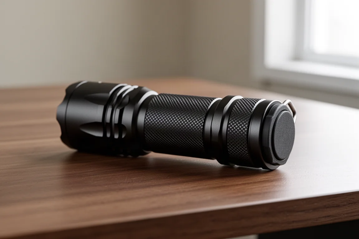 Close-up van een getextureerde aluminium zaklamp op een houten ondergrond