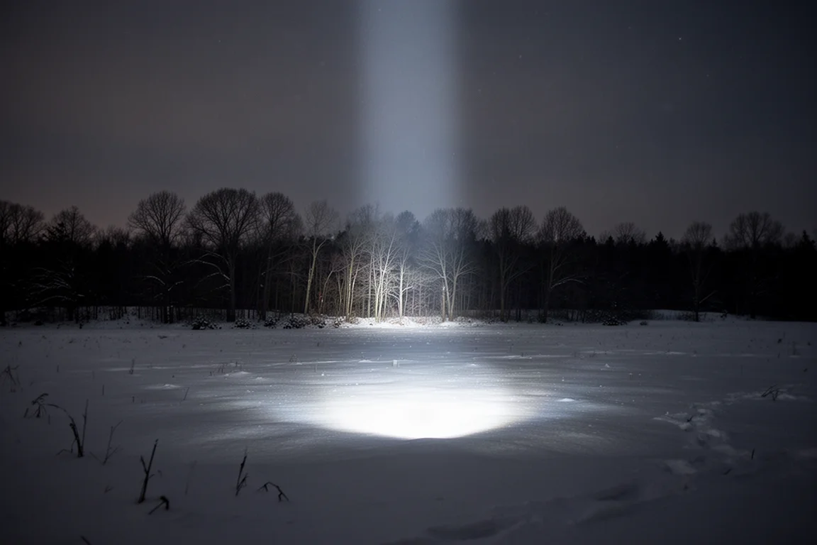 Zaklampbundel die een intense, smalle hotspot produceert over een besneeuwd veld bij nacht