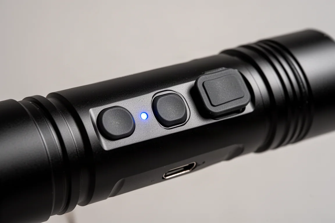 Zijknoppen en USB-C oplaadpoort op een zaklamp met een blauwe indicator